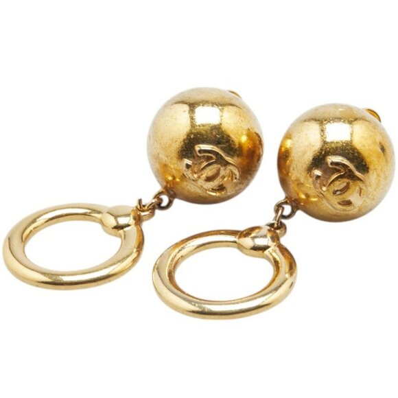 CHANEL CC Logos Ball Hoop Dangle Vintage Clip-On Earrings Gold Tone 27 Auth - Picture 1 of 6